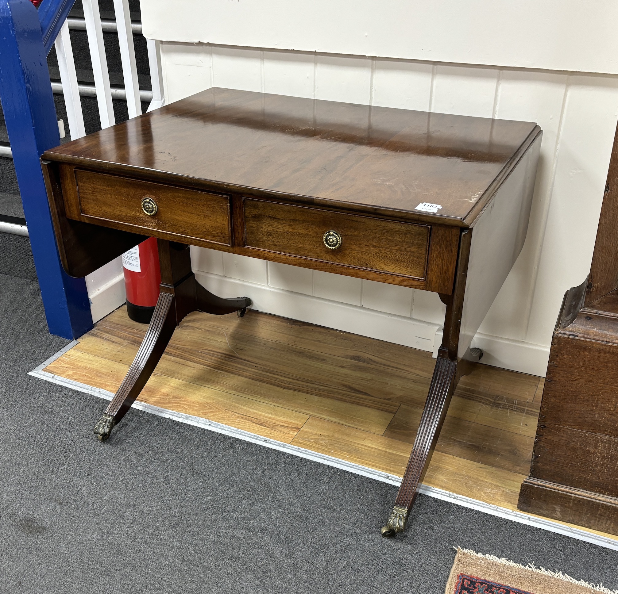 A Georgian style mahogany sofa table, width 71cm, depth 74cm, height 74cm